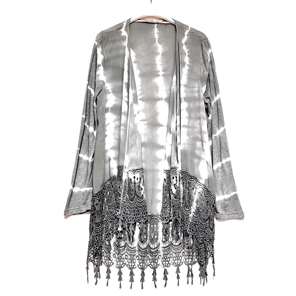 Soft Surroundings Cardigan Duster Womens Large Grey Tie Dye Lace Fringe Festival - Picture 1 of 7